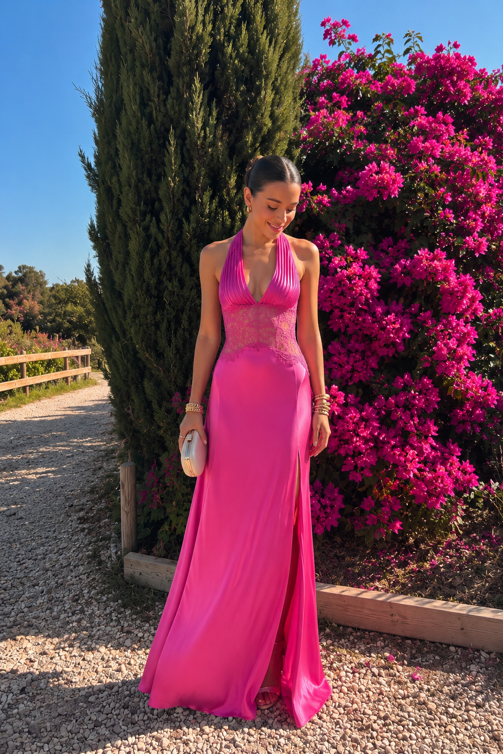 Elara - Abito Lungo in Pizzo con Schiena Scoperta Rosa