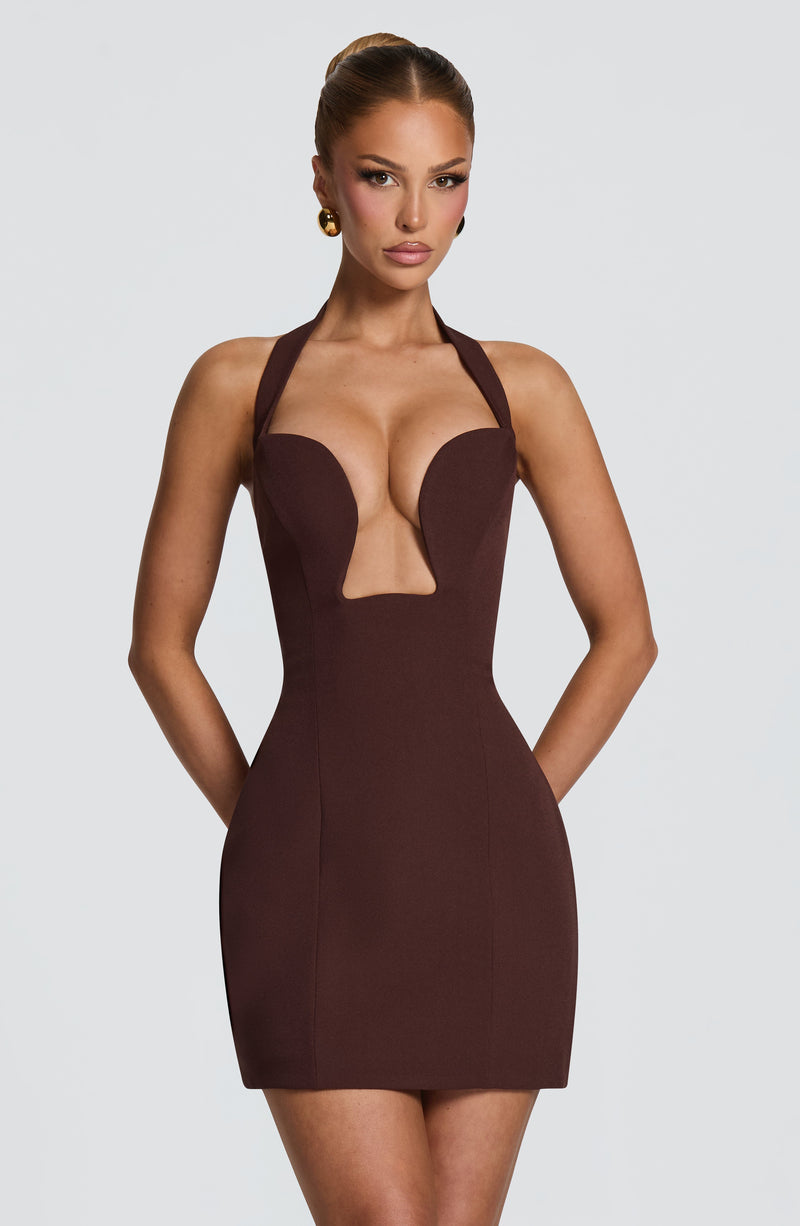 Pilar - Abito Mini Bardot in Crêpe Prugna