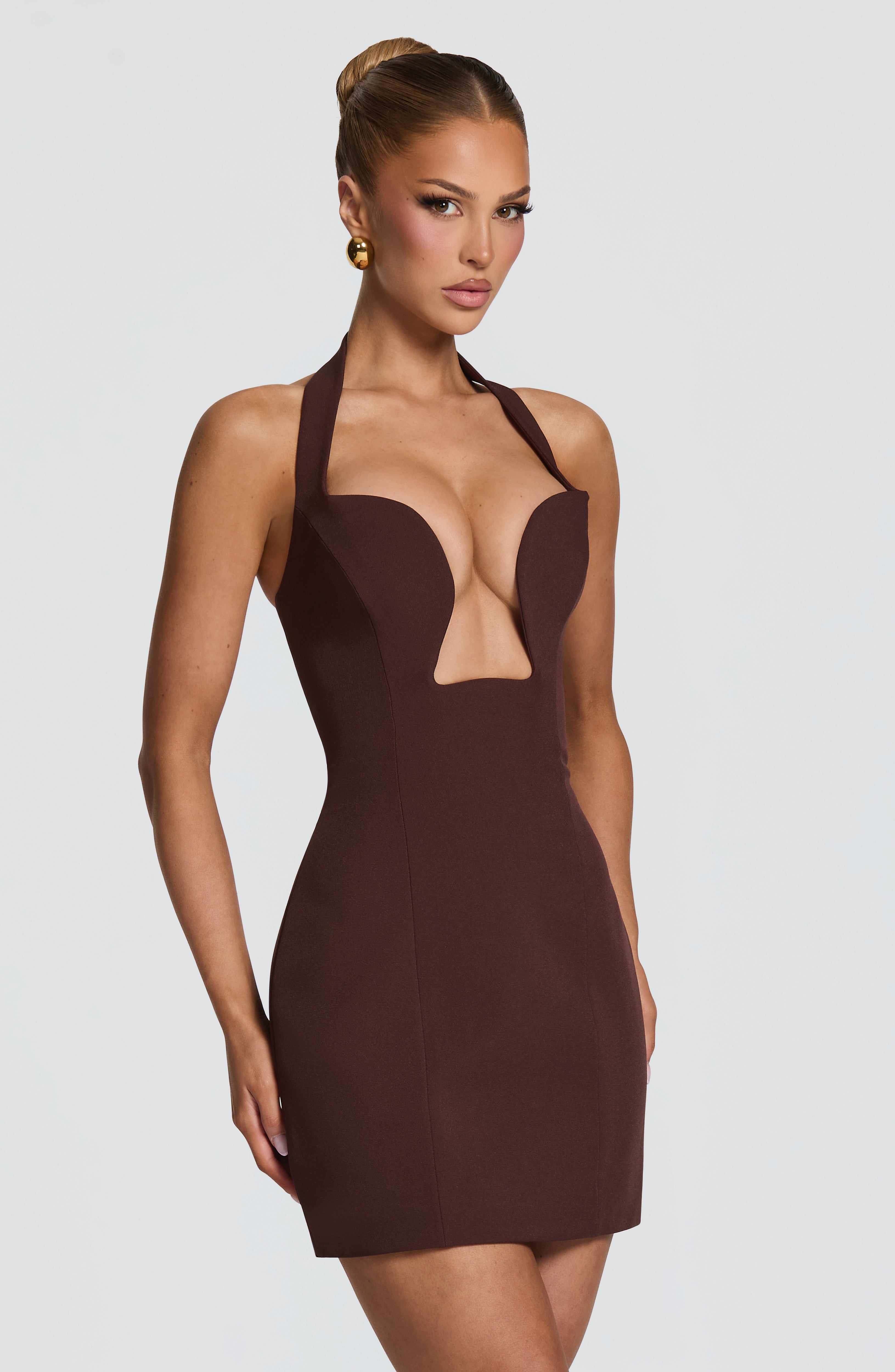 Pilar - Abito Mini Bardot in Crêpe Prugna