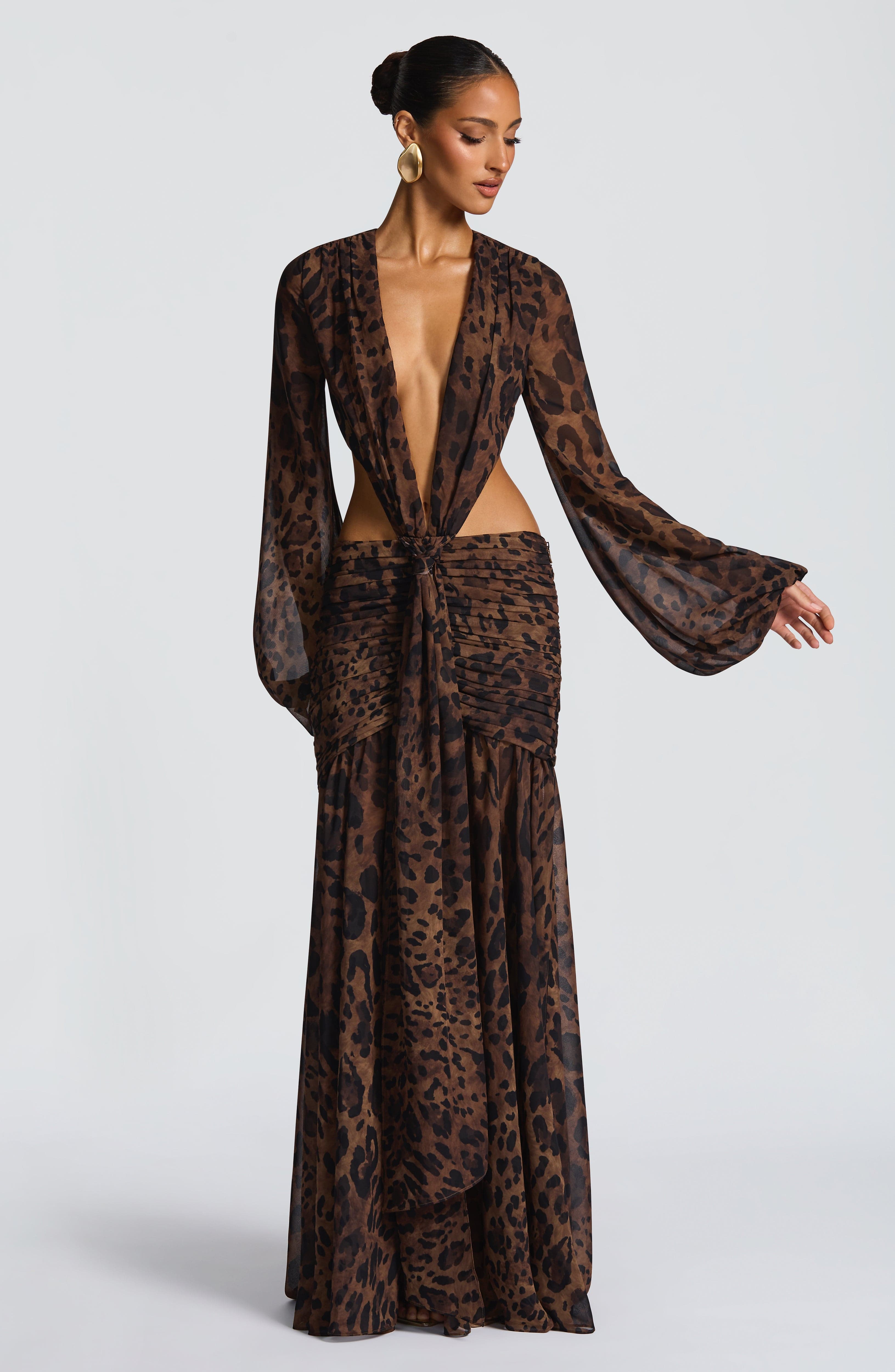 Andrina - Abito Maxi in Chiffon con Stampa Leopardo