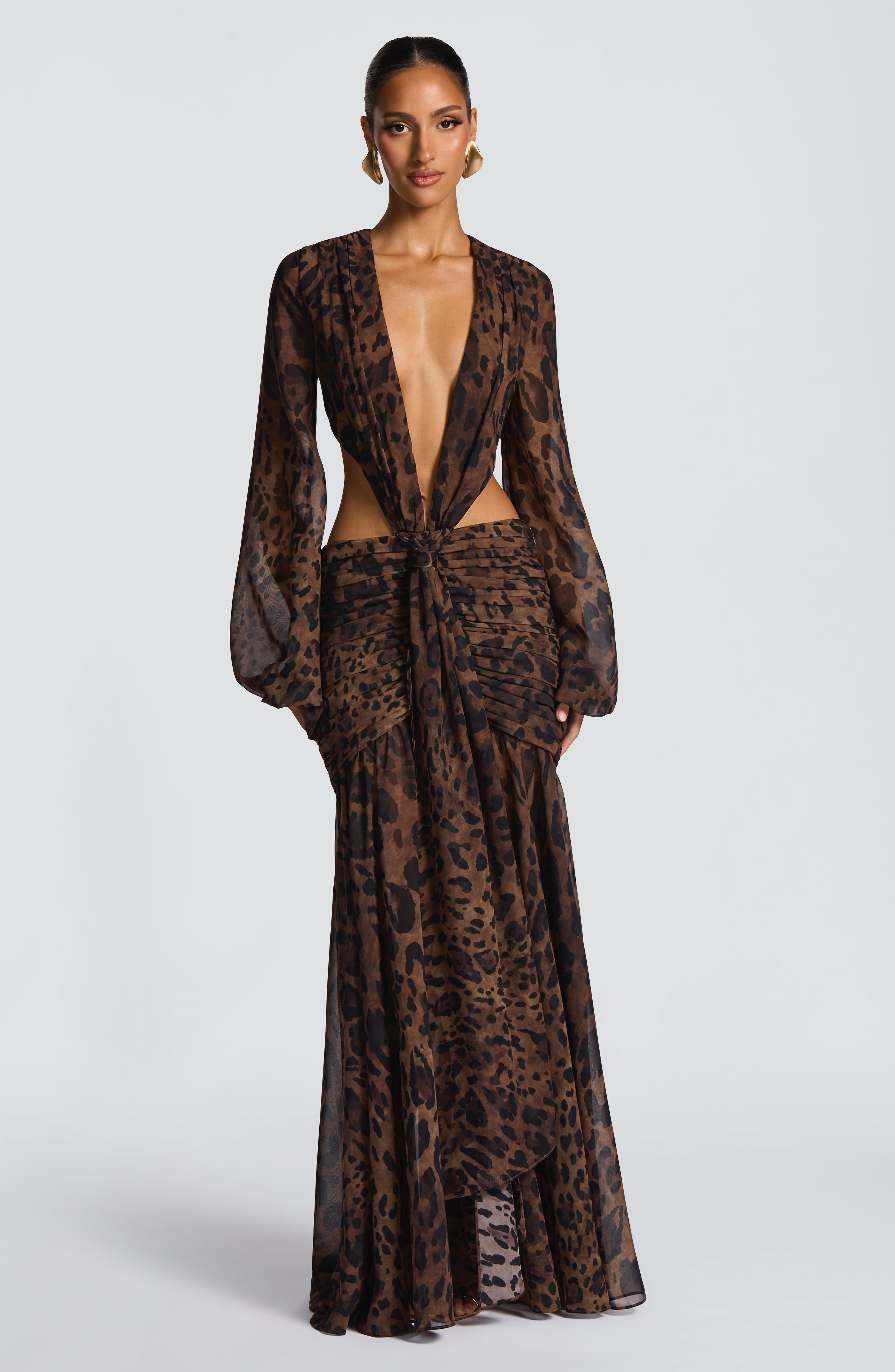Andrina - Abito Maxi in Chiffon con Stampa Leopardo