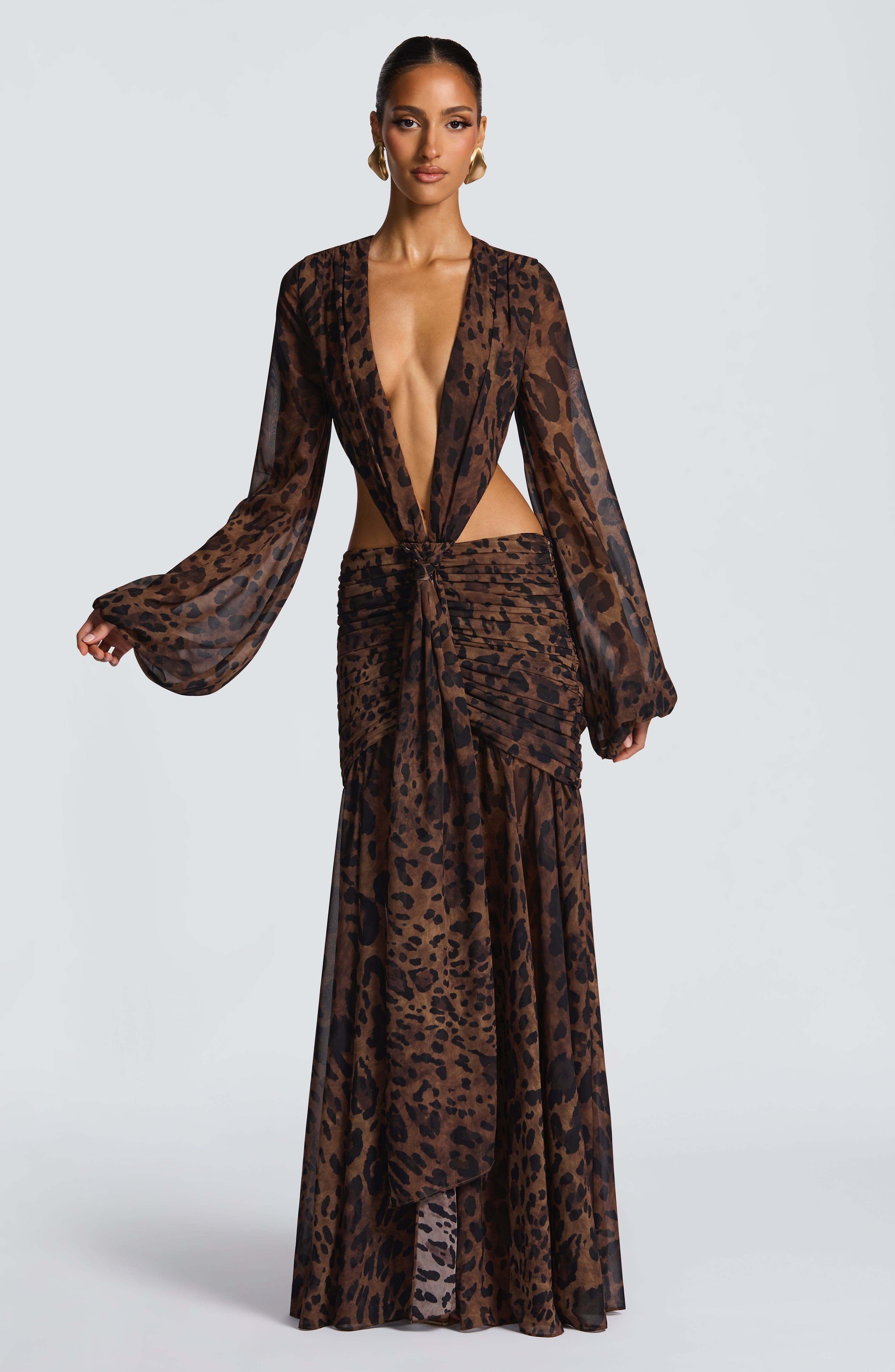 Andrina - Abito Maxi in Chiffon con Stampa Leopardo