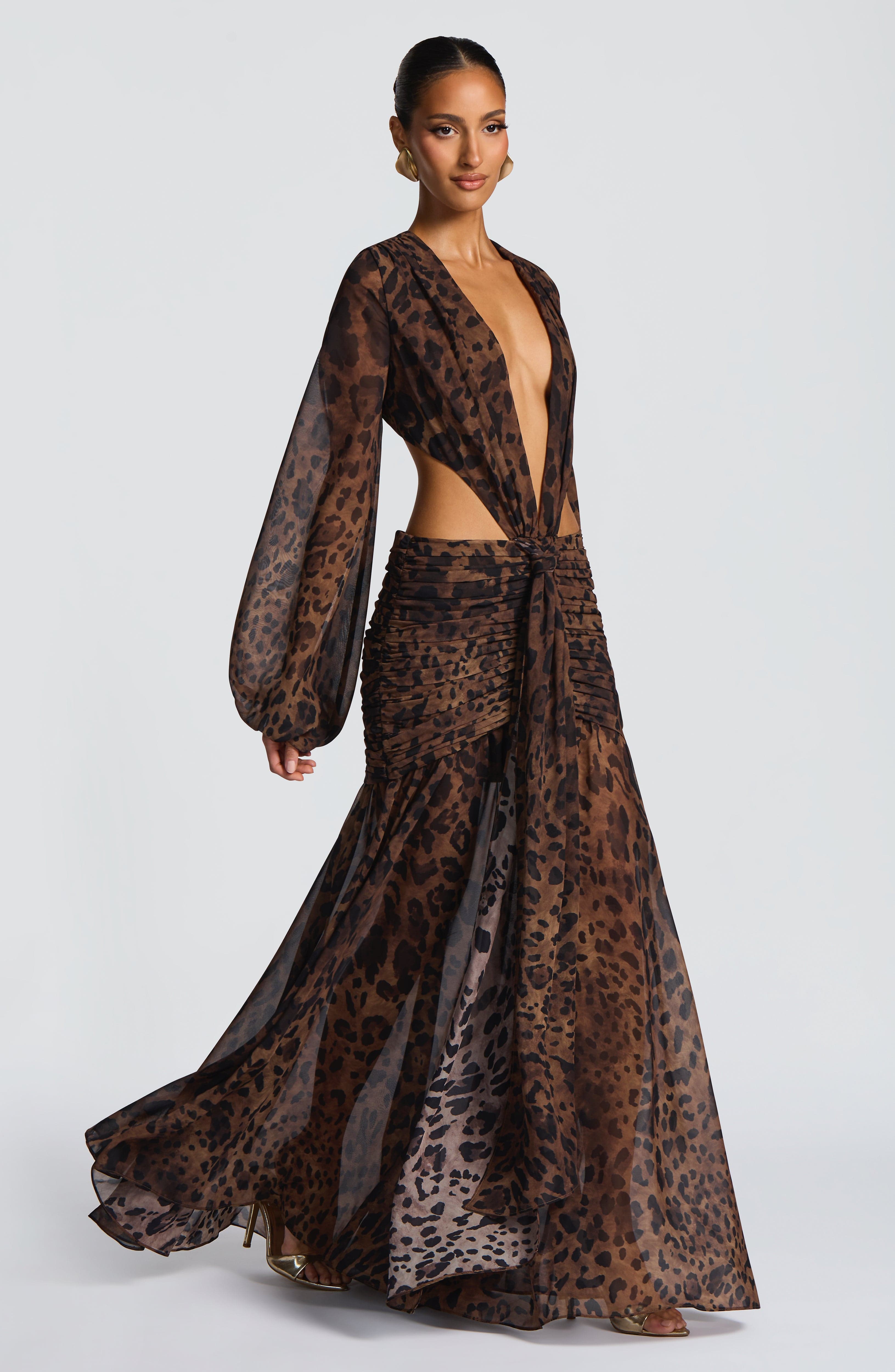Andrina - Abito Maxi in Chiffon con Stampa Leopardo
