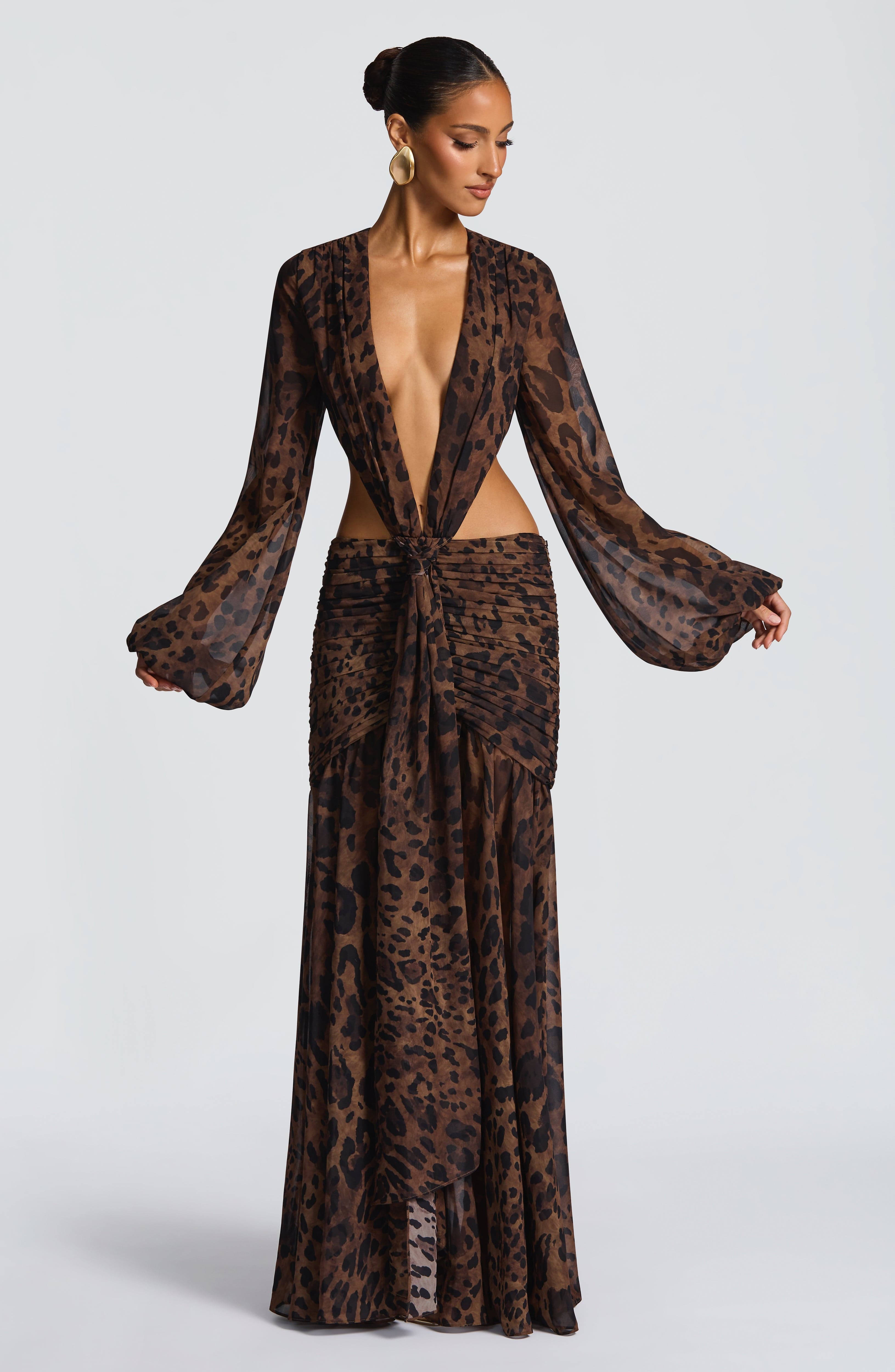 Andrina - Abito Maxi in Chiffon con Stampa Leopardo