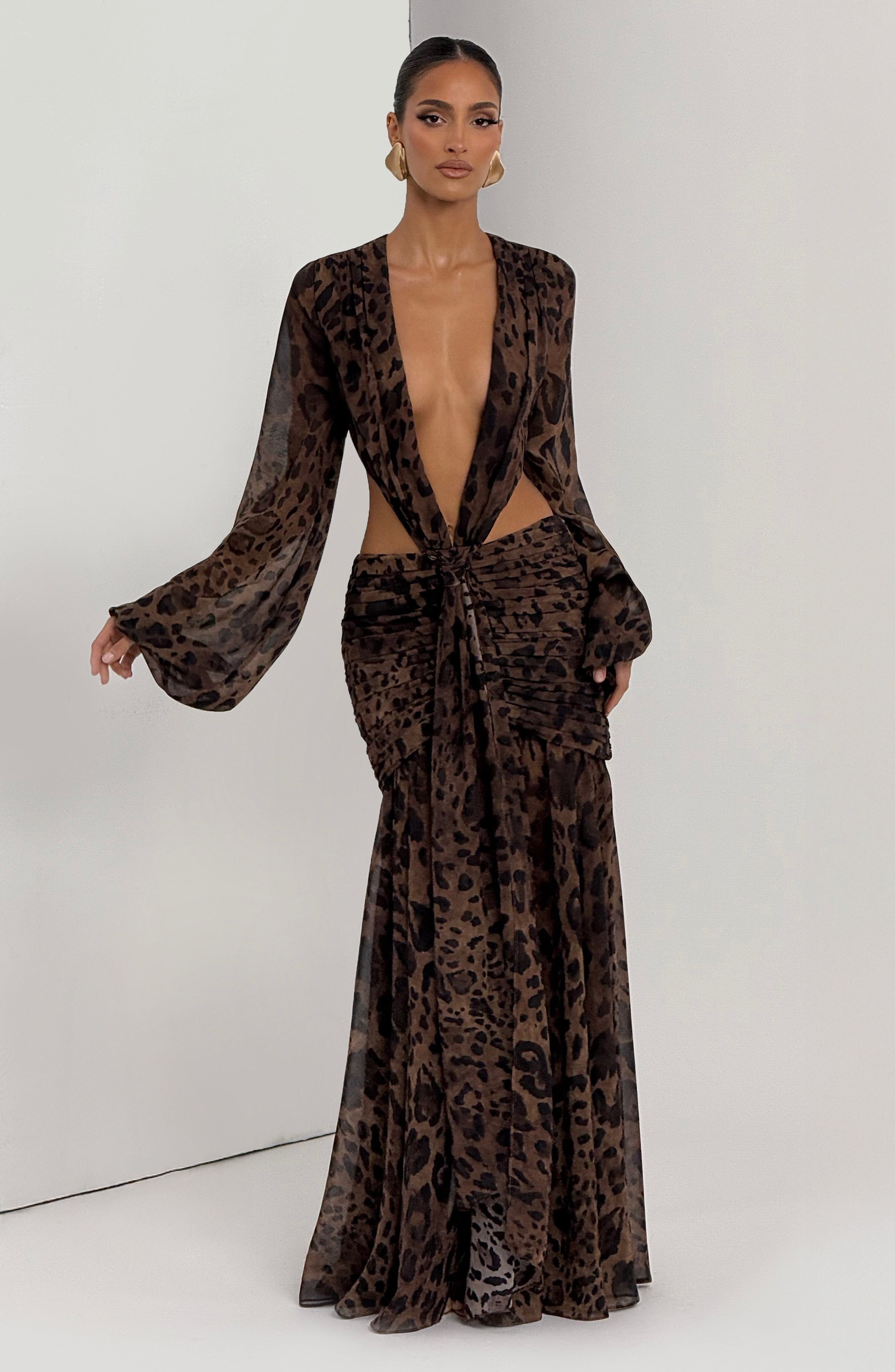 Andrina - Abito Maxi in Chiffon con Stampa Leopardo