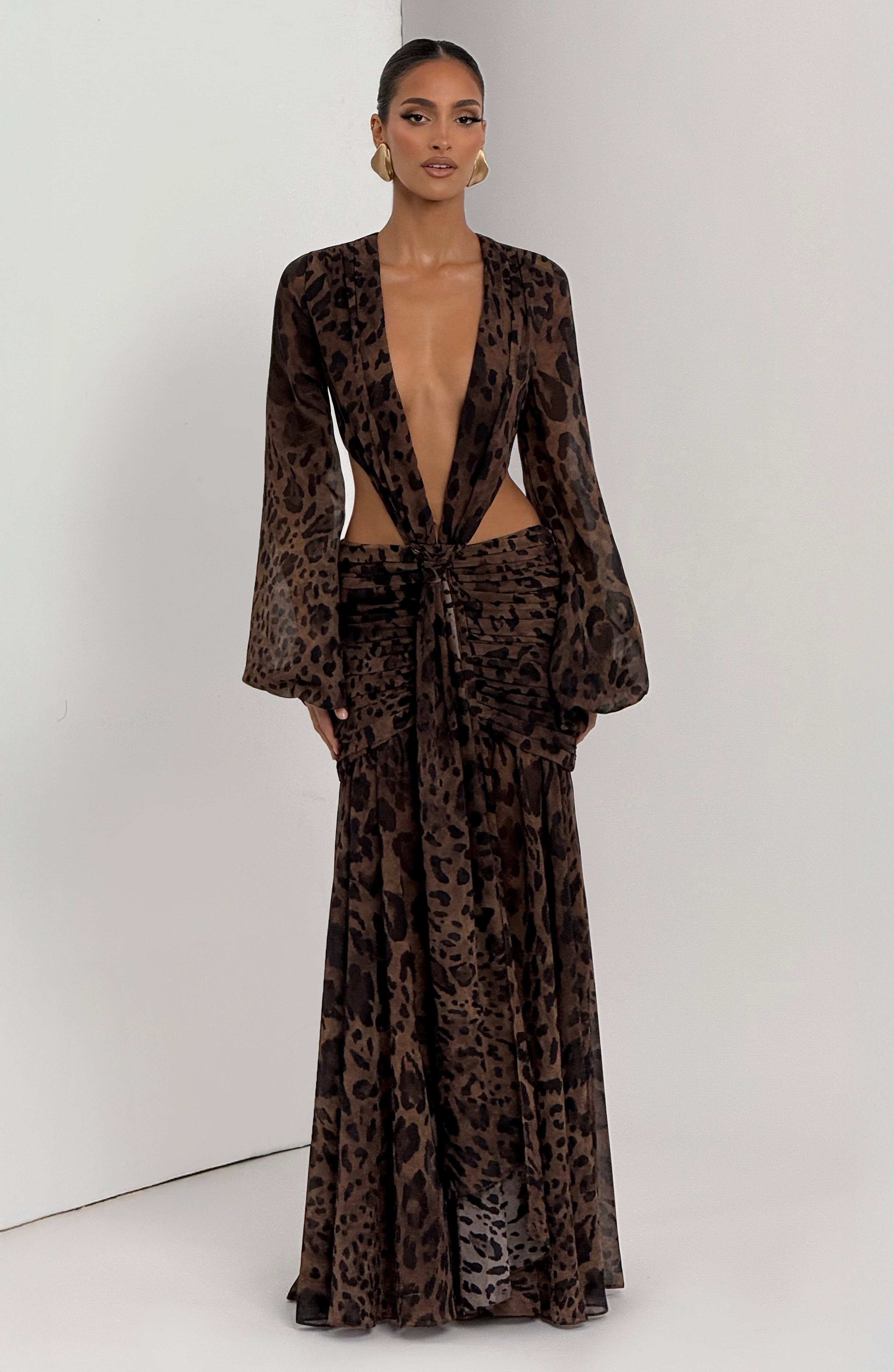 Andrina - Abito Maxi in Chiffon con Stampa Leopardo