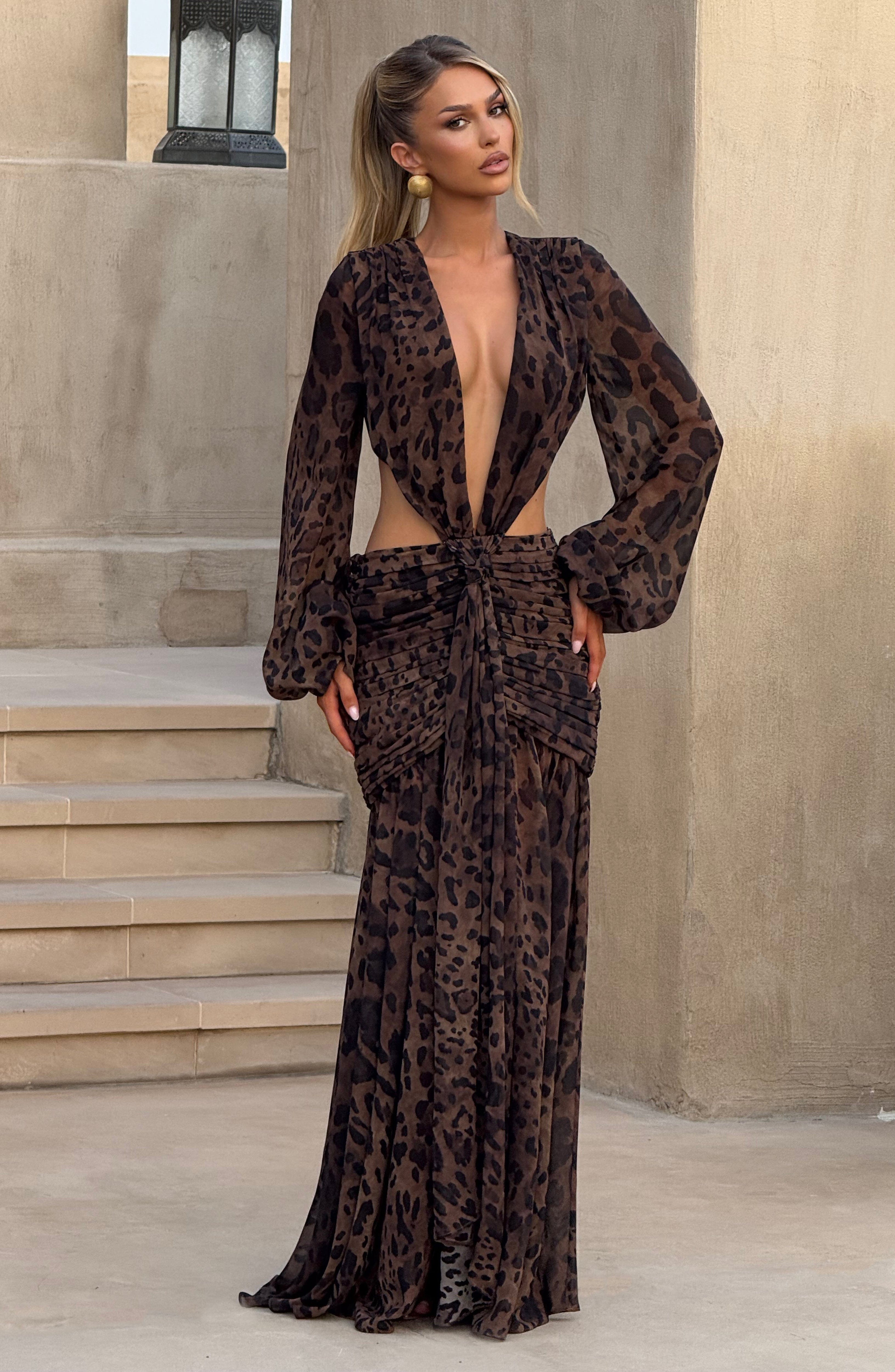 Andrina - Abito Maxi in Chiffon con Stampa Leopardo