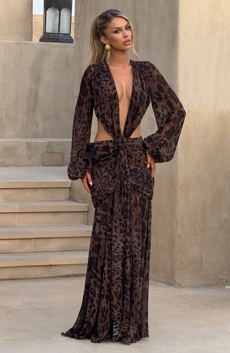 Andrina - Abito Maxi in Chiffon con Stampa Leopardo