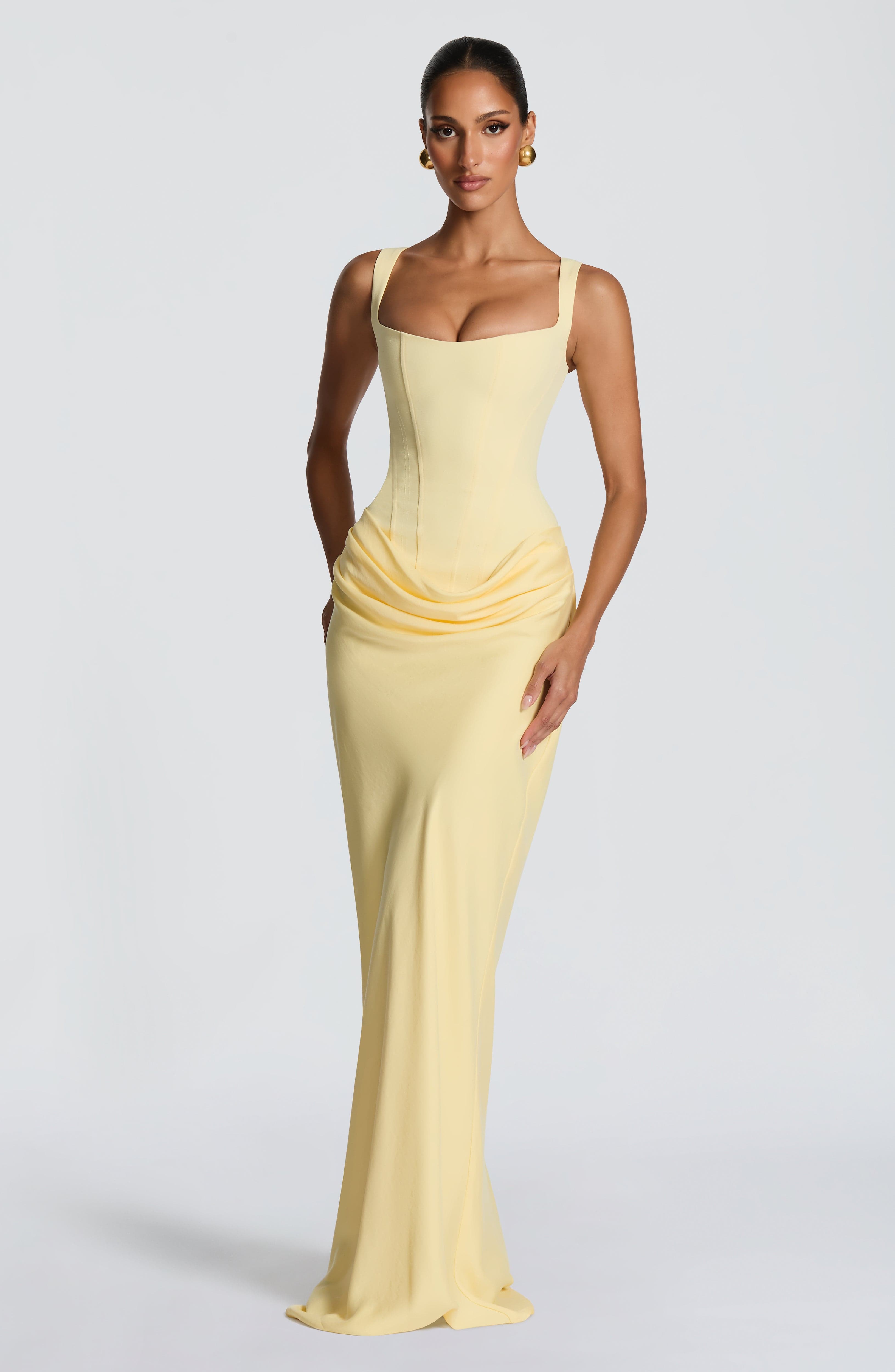 Denisa - Abito Maxi in Crêpe Giallo Limone