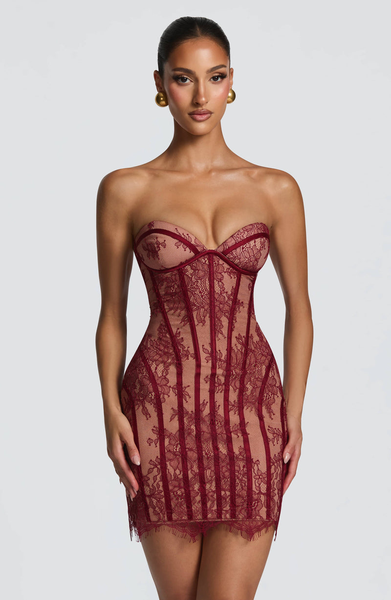 Sian - Abito Mini in Pizzo Floreale Bordeaux