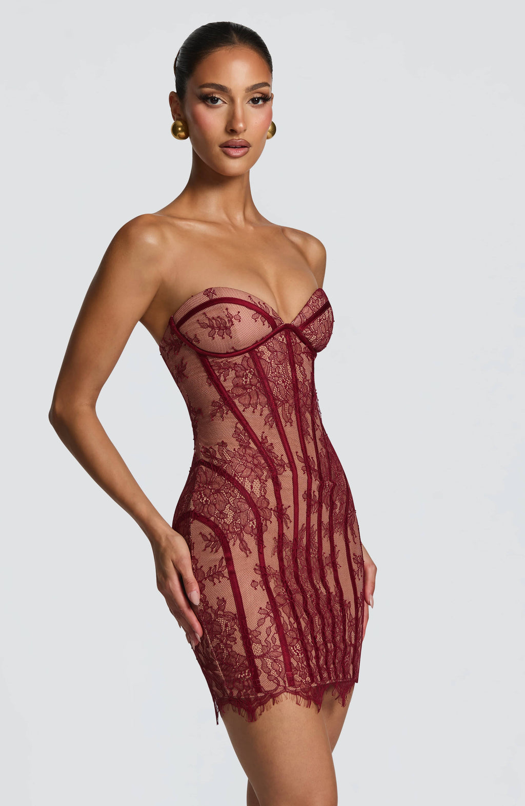 Sian - Abito Mini in Pizzo Floreale Bordeaux