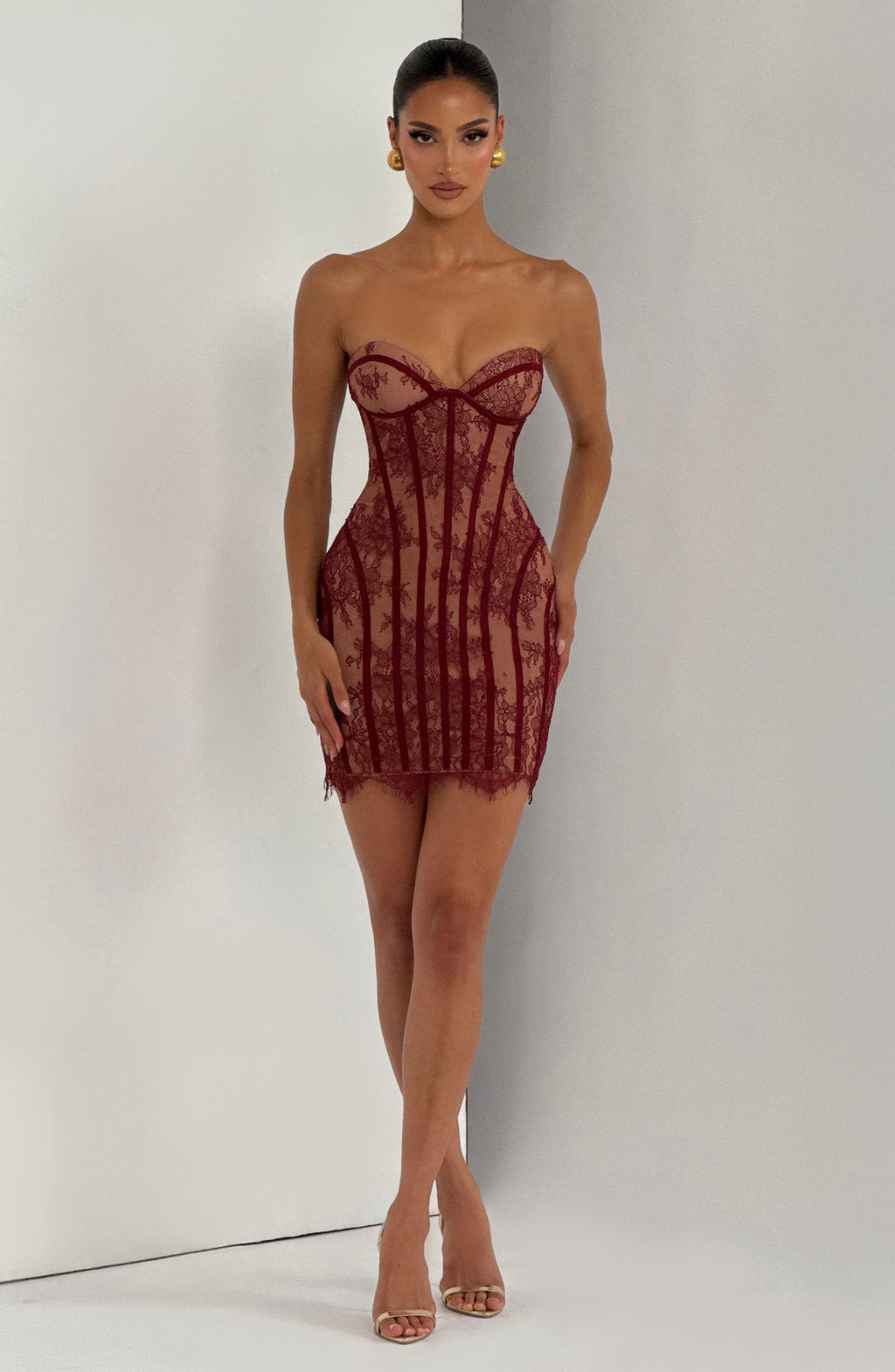 Sian - Abito Mini in Pizzo Floreale Bordeaux