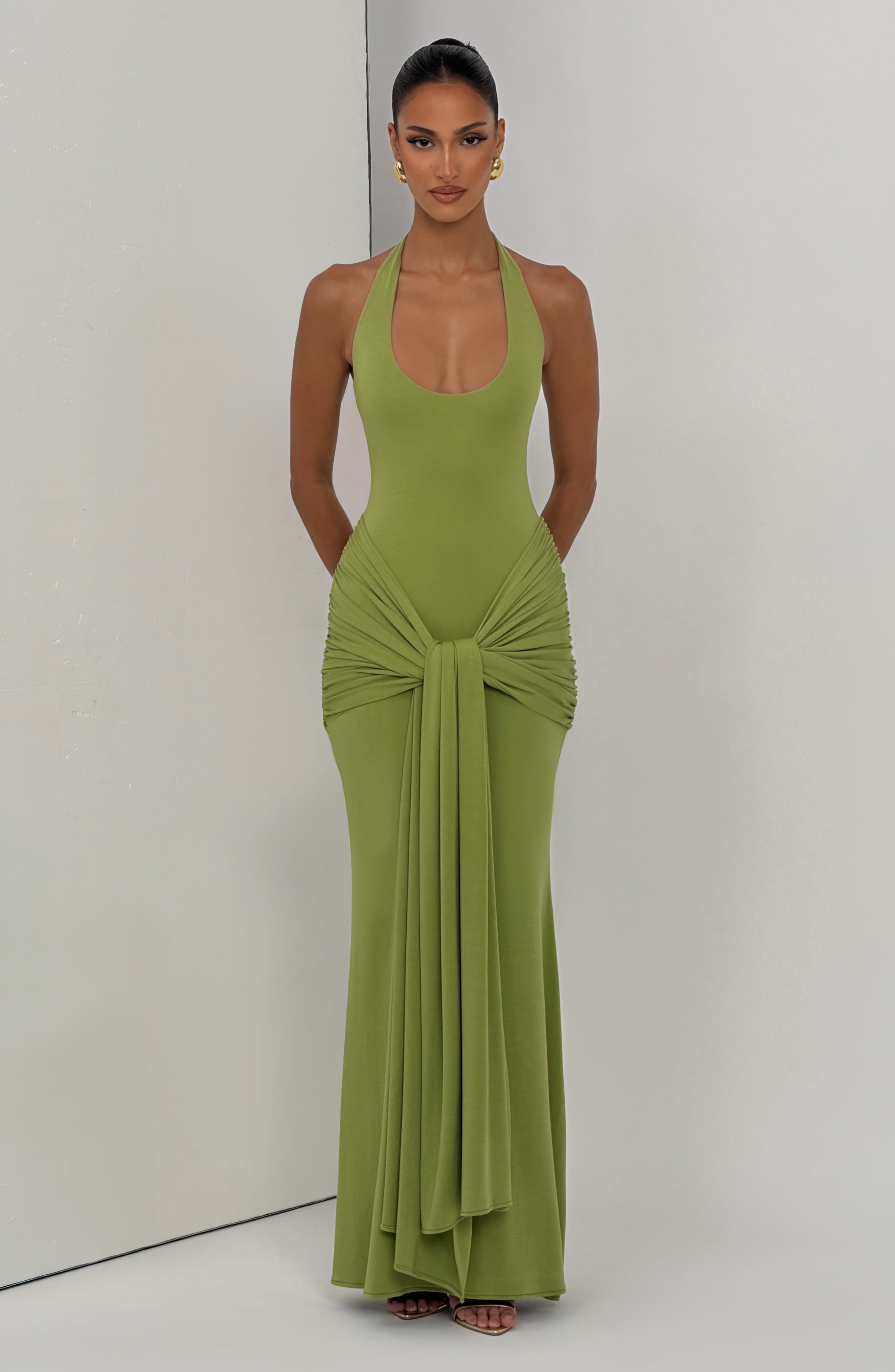 Constanza - Abito da Gala Satinato Verde Oliva